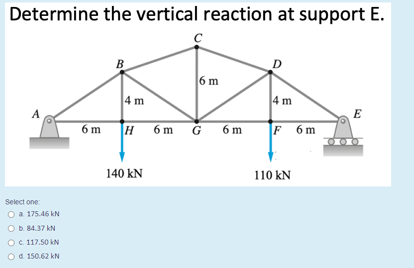 Determine the vertical reaction at support E.
C
B
D
6 m
4 m
4 m
A
E
6 m
H
6 m
G
6 m
F 6 m
140 kN
110 kN
Select one:
O a. 175.46 kN
O b. 84.37 kN
O c. 117.50 kN
O d. 150.62 kN
