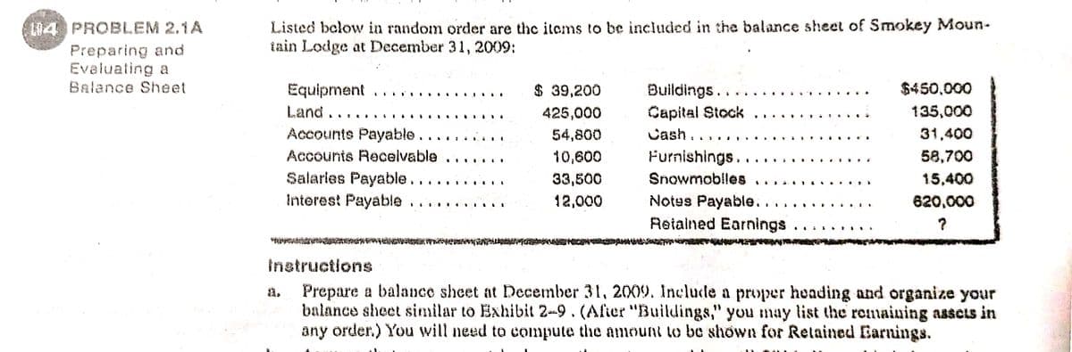 Listed below in random order are the itoms to be included in the balance sheet of Smokey Moun-
tain Lodge at December 31, 2009:
L04 PROBLEM 2.1A
Preparing and
Evaluating a
Balance Sheet
Equipment
$ 39,200
Buildings..
$450,000
Capital Stock
Cash..
Land.
425,000
135,000
Accounts Payable
54,800
31,400
..
Accounts Recelvable
10,600
Furnishings.
58,700
Salaries Payable.
Interest Payable
33,500
Snowmoblles
15,400
Notes Payable.
Retained Earnings
12,000
620,000
Instructions
Prepare a balance sheet at December 31, 2009. Include a proper heading and organize your
balance sheet similar to Exhibit 2-9. (Afier "Buildings," you may list the remaiuing assets in
any order.) You will need to compute the amount lo be shown for Retained Barnings.
我。

