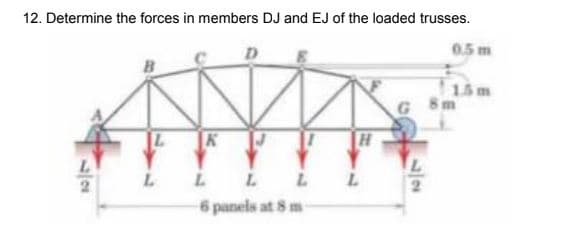 12. Determine the forces in members DJ and EJ of the loaded trusses.
0.5 m
15m
G 8m
L
L L
6 panels at 8 m
