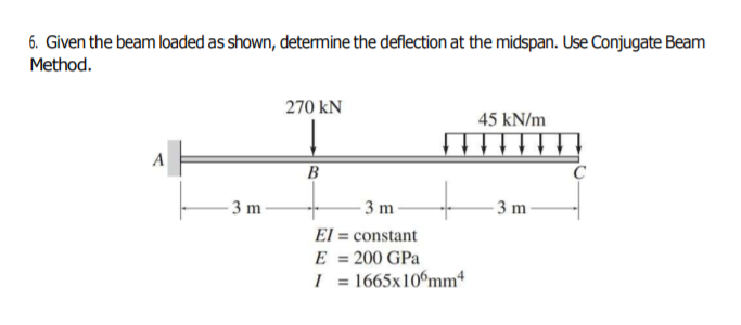 6. Given the beam loaded as shown, determine the deflection at the midcspan. Use Conjugate Beam
Method.
270 kN
45 kN/m
A
B
3 m
3 m
- 3 m -
El = constant
E = 200 GPa
I = 1665x10°mm*
