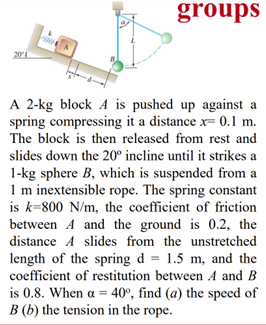 201
www.
groups
A 2-kg block A is pushed up against a
spring compressing it a distance x= 0.1 m.
The block is then released from rest and
slides down the 20° incline until it strikes a
1-kg sphere B, which is suspended from a
1 m inextensible rope. The spring constant
is k=800 N/m, the coefficient of friction
between A and the ground is 0.2, the
distance A slides from the unstretched
length of the spring d = 1.5 m, and the
coefficient of restitution between A and B
is 0.8. When a = 40°, find (a) the speed of
B (b) the tension in the rope.