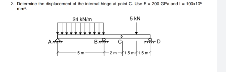 2. Determine the displacement of the internal hinge at point C. Use E = 200 GPa and I = 100x106
mm4.
24 kN/m
5 kN
Arfn
B
5 m
-2 m1.5 m{1.5 mł
