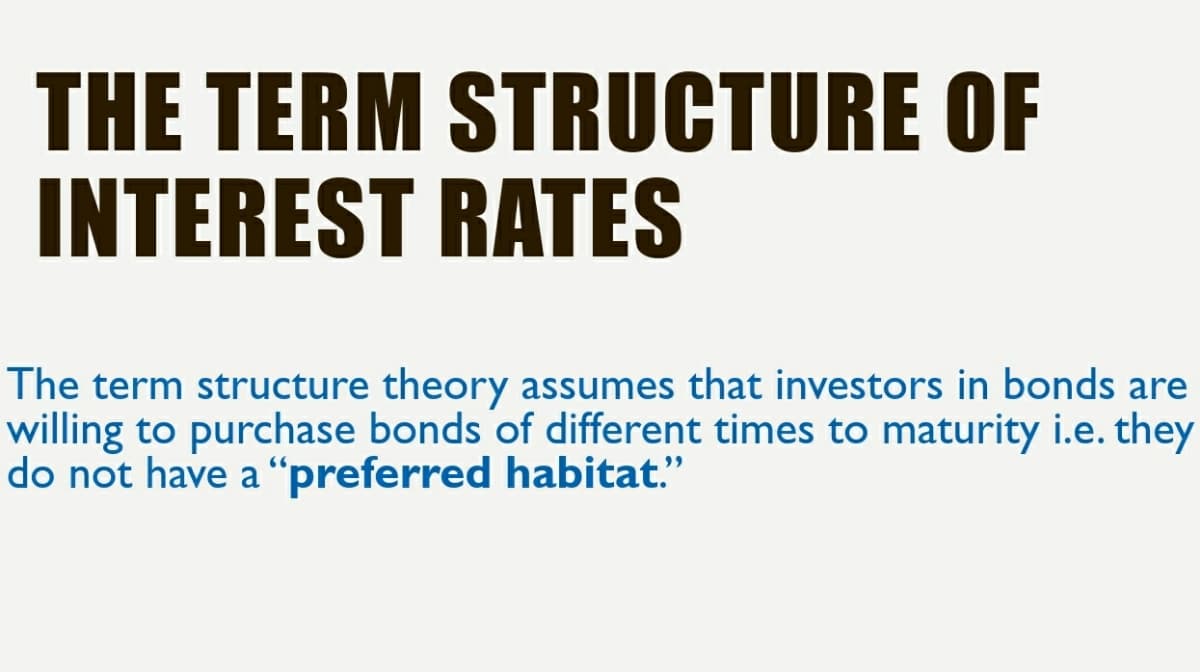 THE TERM STRUCTURE OF
INTEREST RATES
The term structure theory assumes that investors in bonds are
willing to purchase bonds of different times to maturity i.e. they
do not have a “preferred habitat."

