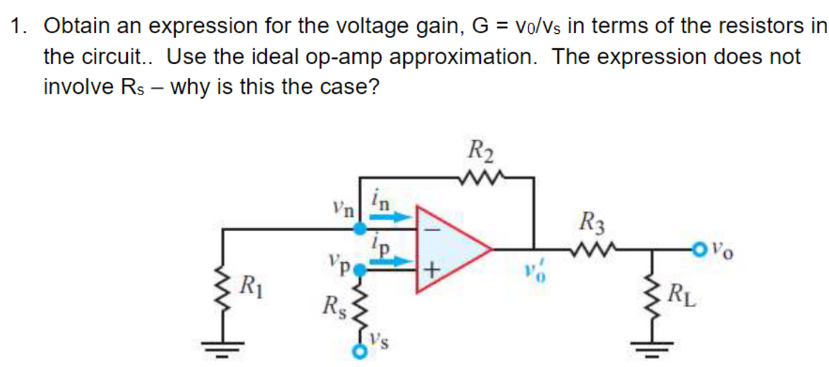 1. Obtain an expression for the voltage gain, G = vo/Vs in terms of the resistors in
the circuit.. Use the ideal op-amp approximation. The expression does not
involve Rs - why is this the case?
R2
ww
Vn
R3
w
OVO
Vp
+
ó
RL
R₁
Rs
Vs