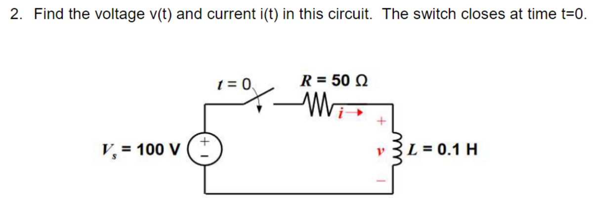 2. Find the voltage v(t) and current i(t) in this circuit. The switch closes at time t=0.
V₁ = 100 V
t = 0
R = 50 Q
W
v3L L = 0.1 H