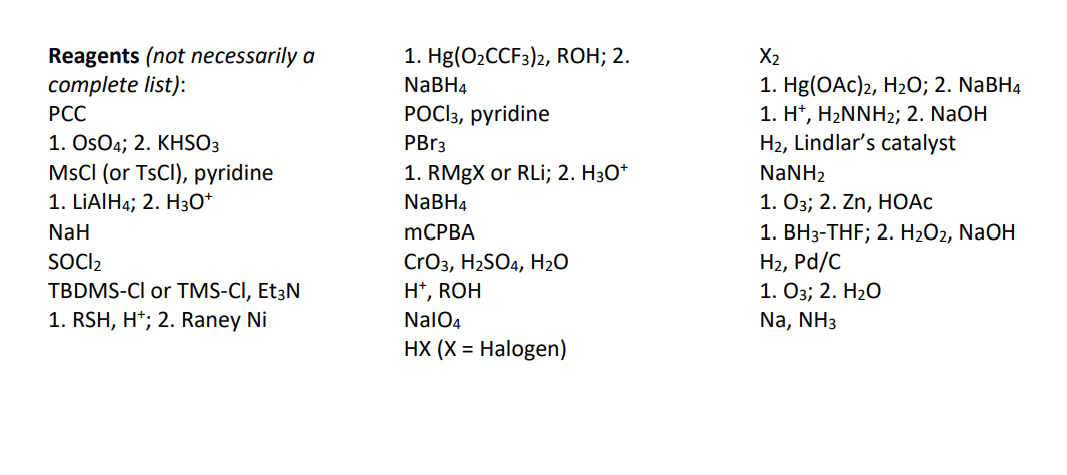 Reagents (not necessarily a
complete list):
PCC
1. OsO4; 2. KHSO3
MsCl (or TsCI), pyridine
1. LIAIH4; 2. H3O+
NaH
SOCI₂
TBDMS-CI or TMS-CI, Et3N
1. RSH, H+; 2. Raney Ni
1. Hg(O₂CCF3)2, ROH; 2.
NaBH4
POCI3, pyridine
PBr3
1. RMgX or RLİ; 2. H3O+
NaBH4
mCPBA
CrO3, H₂SO4, H₂O
H+, ROH
NalO4
HX (X = Halogen)
X₂
1. Hg(OAc)2, H₂O; 2. NaBH4
1. H*, H₂NNH₂; 2. NaOH
H₂, Lindlar's catalyst
NaNHz
1. O3; 2. Zn, HOẠC
1. BH3-THF; 2. H₂O2, NaOH
H₂, Pd/C
1. 03; 2. H₂O
Na, NH3