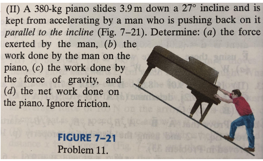 (II) A 380-kg piano slides 3.9 m down a 27° incline and is
kept from accelerating by a man who is pushing back on it
parallel to the incline (Fig. 7-21). Determine: (a) the force
exerted by the man, (b) the
work done by the man on the
piano, (c) the work done by
the force of gravity, and
(d) the net work done on
the piano. Ignore friction.
ania
W(o
FIGURE 7-21
Problem 11.
