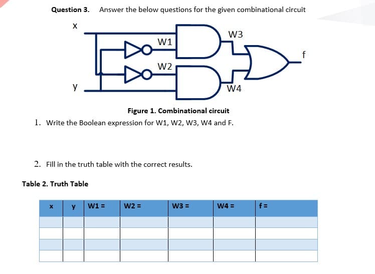 Question 3. Answer the below questions for the given combinational circuit
W3
W1
W2
W4
Figure 1. Combinational circuit
1. Write the Boolean expression for W1, W2, W3, W4 and F.
2. Fill in the truth table with the correct results.
Table 2. Truth Table
y w1 =
W2 =
W3 =
f =
W4 =
