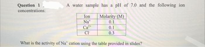 Question 1
concentrations:
A water sample has a pH of 7.0 and the following ion
Molarity (M)
0.1
0.1
0.3
Ion
Nat
Ca²+
CI
What is the activity of Na* cation using the table provided in slides?