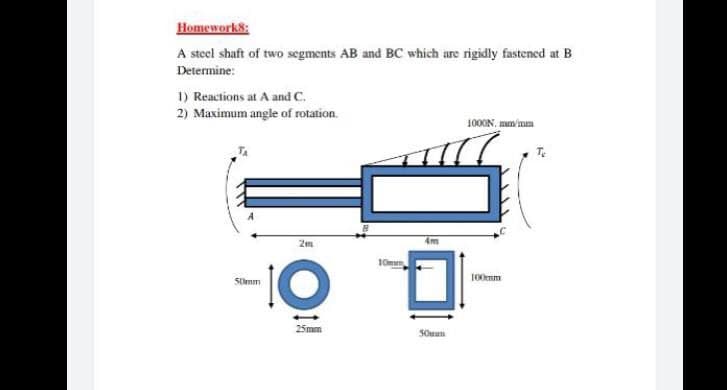 Homeworks:
A steel shaft of two segments AB and BC which are rigidly fastened at B
Determine:
1) Reactions at A and C.
2) Maximum angle of rotation.
1000N. mn/mm
4m
100mm
S0mm
5mm
