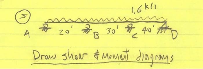 S
A
1,6k(1
30¹ # 40' #D
m
zo' →
B
Draw shear & Moment diagrams