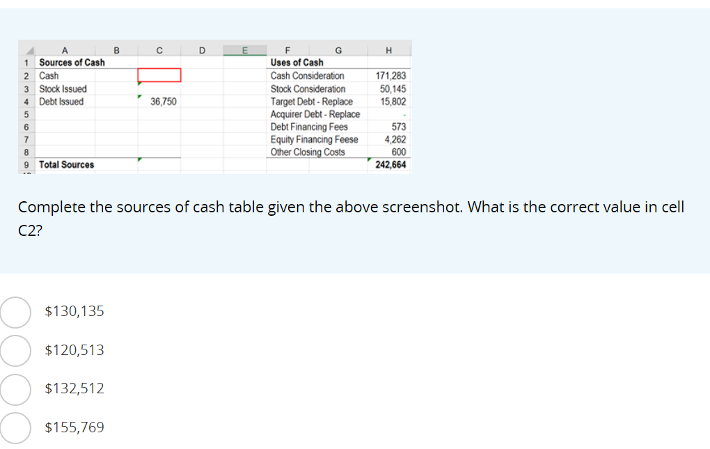 A
1 Sources of Cash
2
Cash
3
Stock Issued
4
Debt Issued
5
6
7
8
9 Total Sources
$130,135
$120,513
$132,512
B
$155,769
с
36,750
D
E
F
Uses of Cash
Cash Consideration
Stock Consideration
Target Debt-Replace
Acquirer Debt-Replace
Debt Financing Fees
Equity Financing Feese
Other Closing Costs
G
Complete the sources of cash table given the above screenshot. What is the correct value in cell
C2?
H
171,283
50,145
15,802
573
4,262
600
242,664