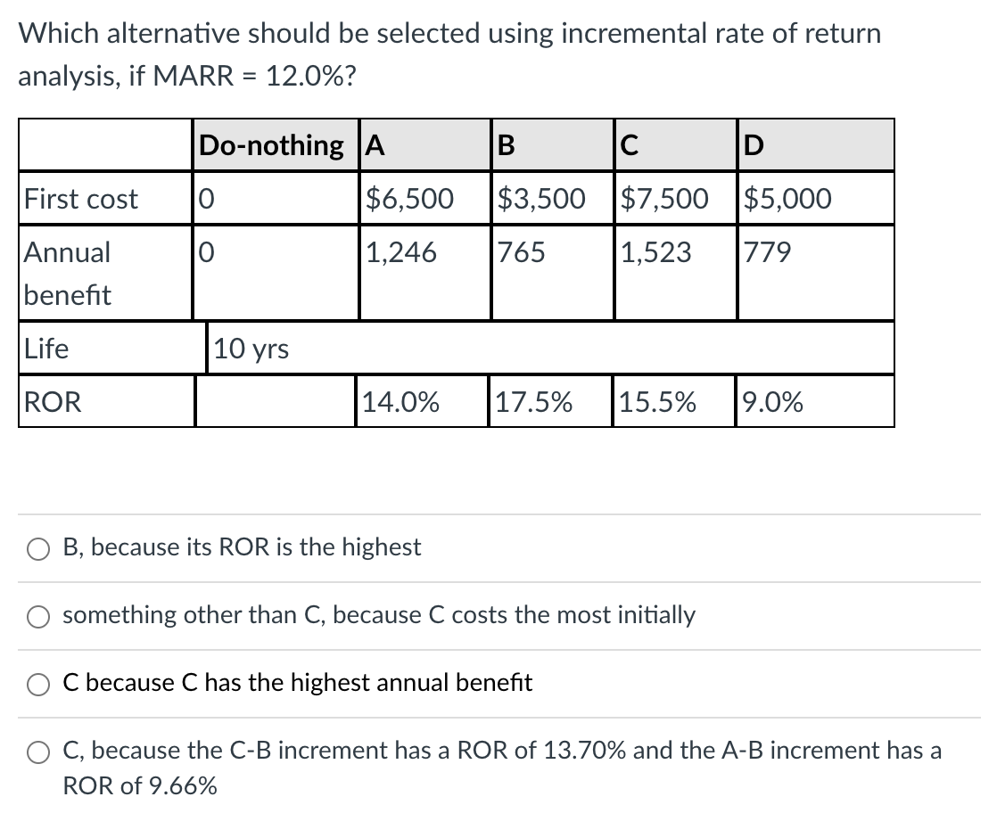 Which alternative should be selected using incremental rate of return
analysis, if MARR = 12.0%?
First cost
Annual
benefit
Life
ROR
Do-nothing
0
10 yrs
A
B
$6,500 $3,500
1,246 765
с
D
$7,500 $5,000
1,523 779
14.0% 17.5% 15.5% 9.0%
B, because its ROR is the highest
something other than C, because C costs the most initially
C because C has the highest annual benefit
C, because the C-B increment has a ROR of 13.70% and the A-B increment has a
ROR of 9.66%