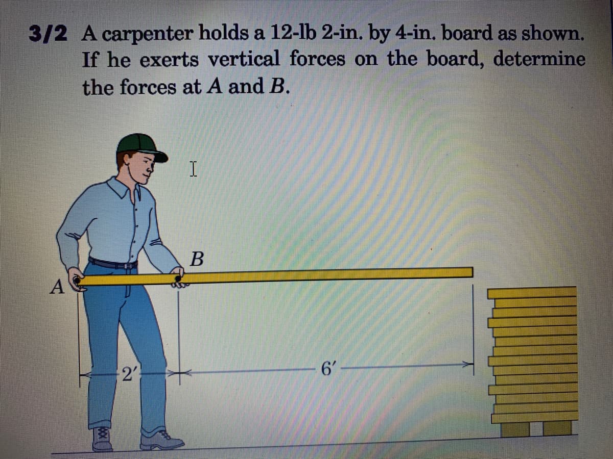 3/2 A carpenter holds a 12-lb 2-in. by 4-in. board as shown.
If he exerts vertical forces on the board, determine
the forces at A and B.
В
A
2
6'
