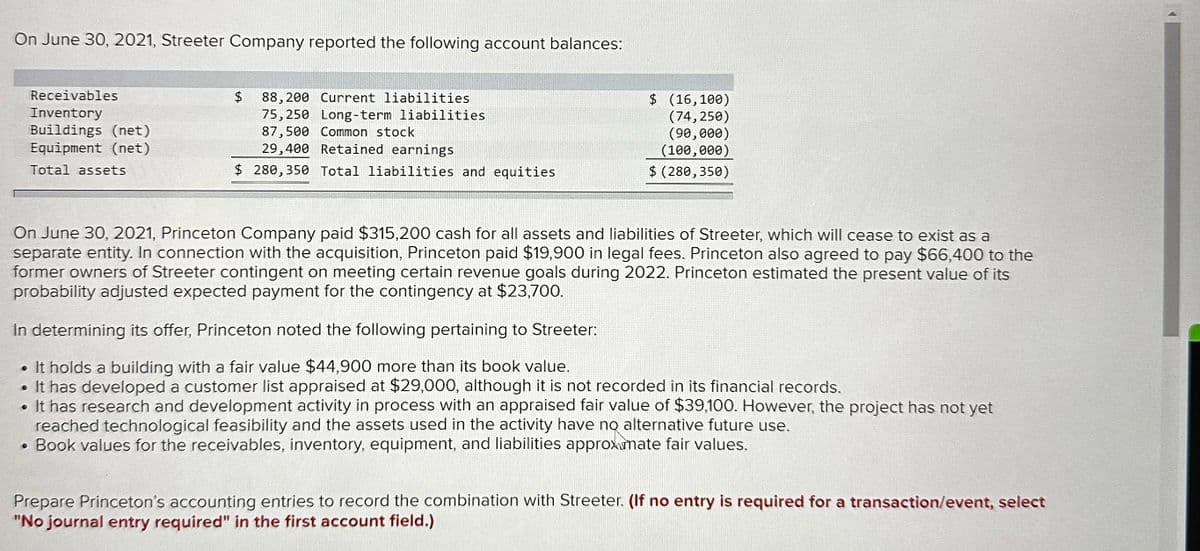 On June 30, 2021, Streeter Company reported the following account balances:
Receivables
Inventory
Buildings (net)
Equipment (net)
Total assets
$ 88,200 Current liabilities
75,250 Long-term liabilities
87,500 Common stock
29,400 Retained earnings
$ 280,350 Total liabilities and equities
$ (16,100)
(74,250)
(90,000)
(100,000)
$ (280,350)
On June 30, 2021, Princeton Company paid $315,200 cash for all assets and liabilities of Streeter, which will cease to exist as a
separate entity. In connection with the acquisition, Princeton paid $19,900 in legal fees. Princeton also agreed to pay $66,400 to the
former owners of Streeter contingent on meeting certain revenue goals during 2022. Princeton estimated the present value of its
probability adjusted expected payment for the contingency at $23,700.
In determining its offer, Princeton noted the following pertaining to Streeter:
• It holds a building with a fair value $44,900 more than its book value.
• It has developed a customer list appraised at $29,000, although it is not recorded in its financial records.
search and development activity in process with an appraised fair value of $39,100. However, the project has not yet
reached technological feasibility and the assets used in the activity have no alternative future use.
• Book values for the receivables, inventory, equipment, and liabilities approximate fair values.
Prepare Princeton's accounting entries to record the combination with Streeter. (If no entry is required for a transaction/event, select
"No journal entry required" in the first account field.)