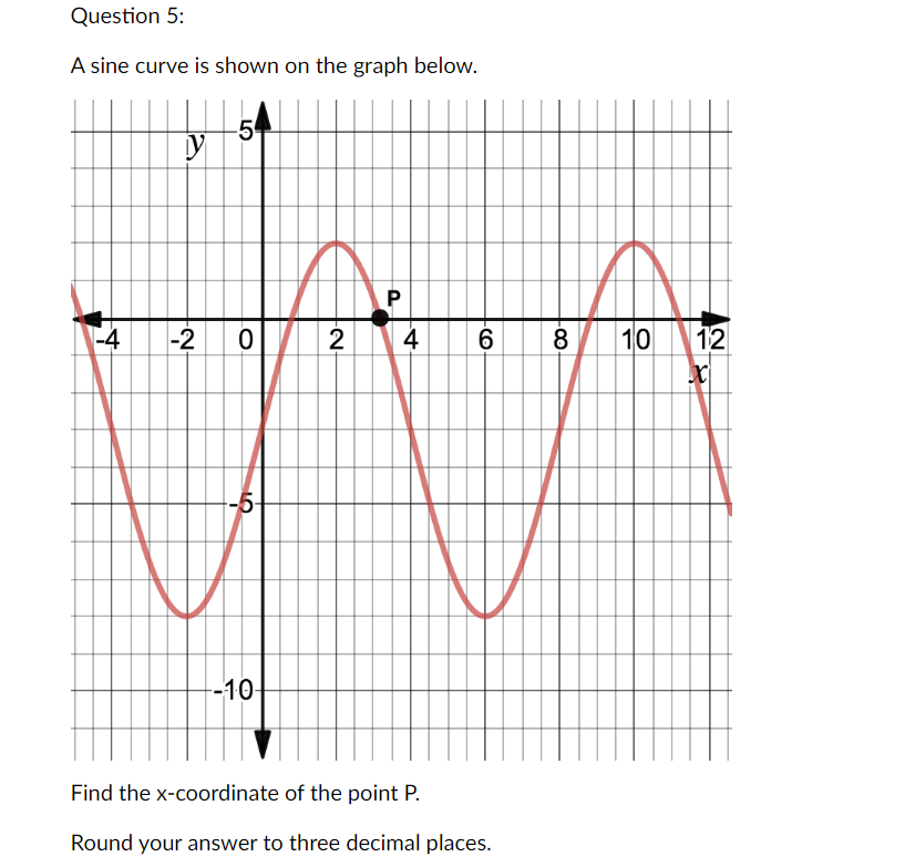 Question 5:
A sine curve is shown on the graph below.
-4
y
-54
-20
-5-
-10-
P
2 4
6
Find the x-coordinate of the point P.
Round your answer to three decimal places.
-00
8
10
12
X