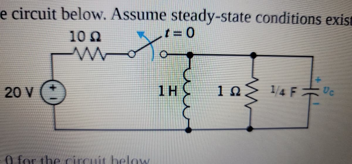 e circuit below. Assume steady-state conditions exist
t D0
10 Ω
1H
Uc
in ş '4 F
20 V (*
0 for the circuit below
