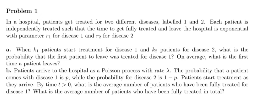 Problem 1
In a hospital, patients get treated for two different diseases, labelled 1 and 2. Each patient is
independently treated such that the time to get fully treated and leave the hospital is exponential
with parameter r₁ for disease 1 and r2 for disease 2.
a. When k₁ patients start treatment for disease 1 and k2 patients for disease 2, what is the
probability that the first patient to leave was treated for disease 1? On average, what is the first
time a patient leaves?
b. Patients arrive to the hospital as a Poisson process with rate A. The probability that a patient
comes with disease 1 is p, while the probability for disease 2 is 1-p. Patients start treatment as
they arrive. By time t > 0, what is the average number of patients who have been fully treated for
disease 1? What is the average number of patients who have been fully treated in total?