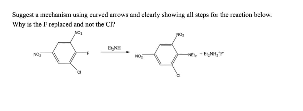 Suggest a mechanism using curved arrows and clearly showing all steps for the reaction below.
Why is the F replaced and not the Cl?
གསས་”་
གས་གངས་དག་