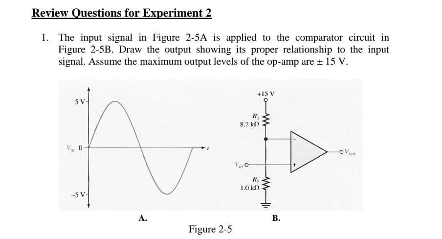 Review Questions for Experiment 2
1. The input signal in Figure 2-5A is applied to the comparator circuit in
Figure 2-5B. Draw the output showing its proper relationship to the input
signal. Assume the maximum output levels of the op-amp are ± 15 V.
5 V-
Vin
0
-5 V-
+15 V
R₁
8.2 ΚΩ
-oVout
R₂
1.0 kQ
w
A.
Figure 2-5
B.