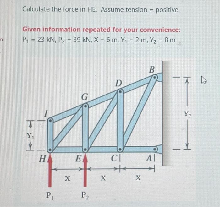 Calculate the force in HE. Assume tension = positive.
Given information repeated for your convenience:
P₁ = 23 kN, P₂ = 39 kN, X = 6 m, Y₁ = 2 m, Y₂ = 8 m
-
क
Y₁
노
H
P₁
X
G
E
P₂
X
D
CI
X
B
Al
H
Y₂
K