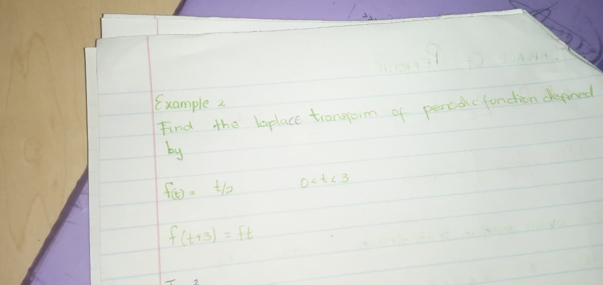 Example 2
Find the laplace transform of periodic function depined.
by
fit= 4/₂
f(t+3) = ft
0<=<3