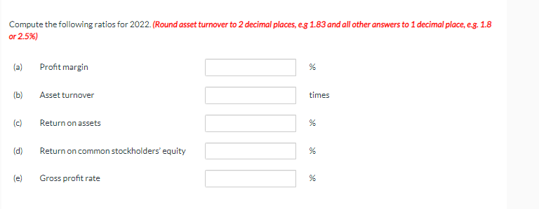 Compute the following ratios for 2022. (Round asset turnover to 2 decimal places, e.g 1.83 and all other answers to 1 decimal place, e.g. 1.8
or 2.5%)
(a)
(b)
(c)
(d)
(e)
Profit margin
Asset turnover
Return on assets
Return on common stockholders' equity
Gross profit rate
%
times
%
%