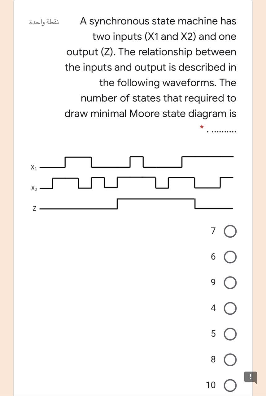 A synchronous state machine has
two inputs (X1 and X2) and one
نقطة واحدة
output (Z). The relationship between
the inputs and output is described in
the following waveforms. The
number of states that required to
draw minimal Moore state diagram is
*
X1
X2
7 O
6 O
9.
8 O
10
LO
