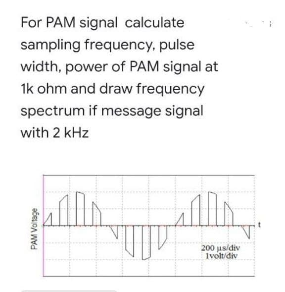 For PAM signal calculate
sampling frequency, pulse
width, power of PAM signal at
1k ohm and draw frequency
spectrum if message signal
with 2 kHz
PAM Voltage
200 µs/div
Ivolt/div