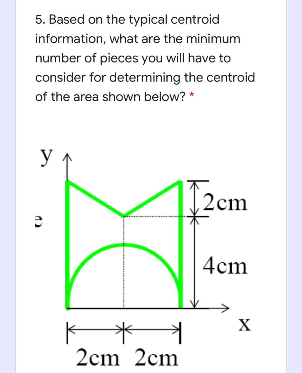 5. Based on the typical centroid
information, what are the minimum
number of pieces you will have to
consider for determining the centroid
of the area shown below? *
2cm
4cm
2cm 2cm
