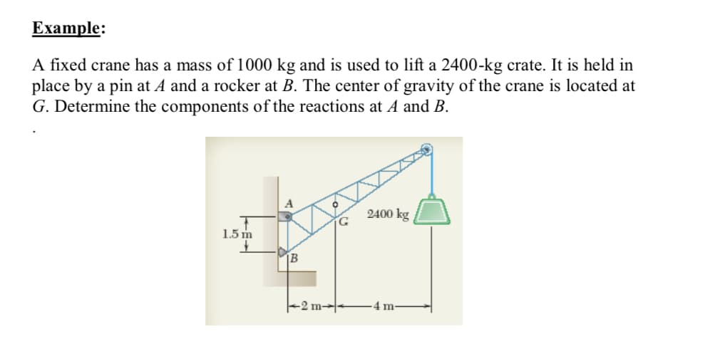 Еxample:
A fixed crane has a mass of 1000 kg and is used to lift a 2400-kg crate. It is held in
place by a pin at A and a rocker at B. The center of gravity of the crane is located at
G. Determine the components of the reactions at A and B.
2400 kg
1.5 m
|B
2 m--
4 m
