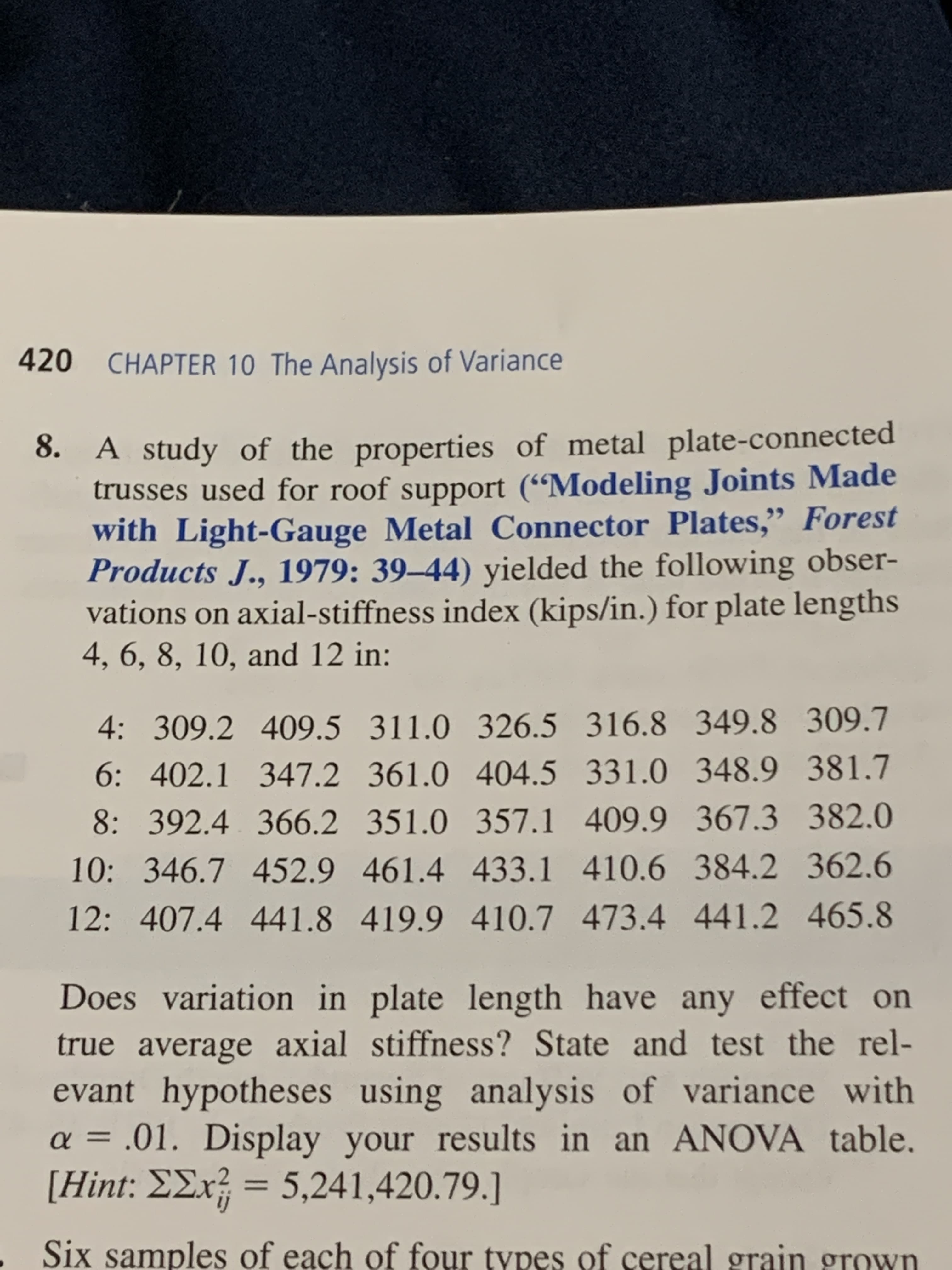 420
CHAPTER 10 The Analysis of Variance
8. A study of the properties of metal plate-connected
trusses used for roof support ("Modeling Joints Made
with Light-Gauge Metal Connector Plates," Forest
Products J., 1979: 39-44) yielded the following obser-
vations on axial-stiffness index (kips/in.) for plate lengths
4, 6, 8, 10, and 12 in:
4:
309.2 409.5 311.0 326.5 316.8 349.8 309.7
6: 402.1 347.2 361.0 404.5 331.0 348.9 381.7
8: 392.4 366.2 351.0 357.1 409.9 367.3 382.0
10: 346.7 452.9 461.4 433.1 410.6 384.2 362.6
12: 407.4 441.8 419.9 410.7 473.4 441.2 465.8
Does variation in plate length have any effect on
true average axial stiffness? State and test the rel-
evant hypotheses using analysis of variance with
.01. Display your results in an ANOVA table.
[Hint: ΣEx} = 5,241,420.79.]
α=
Six samples of each of four types of cereal grain grown