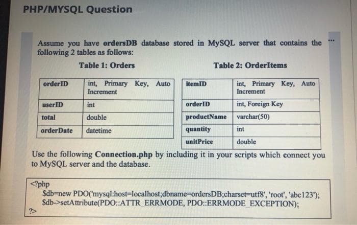PHP/MYSQL Question
Assume you have ordersDB database stored in MYSQL server that contains the
following 2 tables as follows:
...
Table 1: Orders
Table 2: OrderlItems
int, Primary Key, Auto
Increment
orderID
itemID
int, Primary Key, Auto
Increment
userID
int
orderID
int, Foreign Key
productName varchar(50)
int
total
double
orderDate
datetime
quantity
unitPrice
double
Use the following Connection.php by including it in your scripts which connect you
to MYSQL server and the database.
<?php
Sdb-new PDO('mysql:host-localhost;dbname-ordersDB;charset-utf8', 'root', 'abc123');
Sdb->setAttribute(PDO::ATTR ERRMODE, PD0::ERRMODE EXCEPTION);
