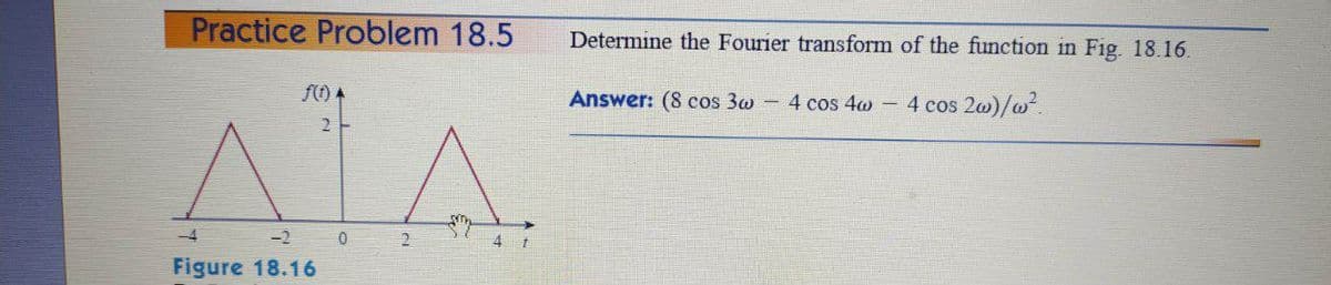 Practice Problem 18.5
Determine the Fourier transform of the function in Fig. 18.16.
Answer: (8 cos 3w - 4 cos 4w - 4 cos 2aw)/o².
-4
-2
2.
4
Figure 18.16
