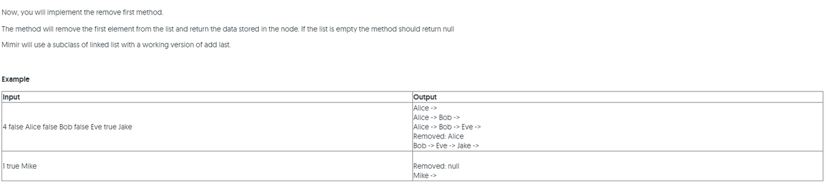 Now, you will implement the remove first method.
The method will remove the first element from the list and return the data stored in the node. If the list is empty the method should return null
Mimir will use a subclass of linked list with a working version of add last.
Example
Output
Alice ->
Alice -> Bob ->
Alice -> Bob -> Eve ->
Removed: Alice
Bob -> Eve -> Jake ->
Input
4 false Alice false Bob false Eve true Jake
Removed: null
Mike ->
1 true Mike
