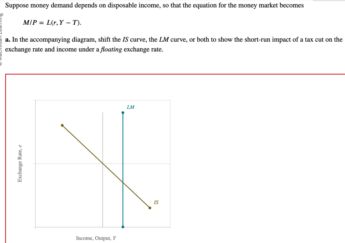 Suppose money demand depends on disposable income, so that the equation for the money market becomes
M/P = L(r, Y-T).
a. In the accompanying diagram, shift the IS curve, the LM curve, or both to show the short-run impact of a tax cut on the
exchange rate and income under a floating exchange rate.
Exchange Rate, e
Income, Output, Y
LM
IS