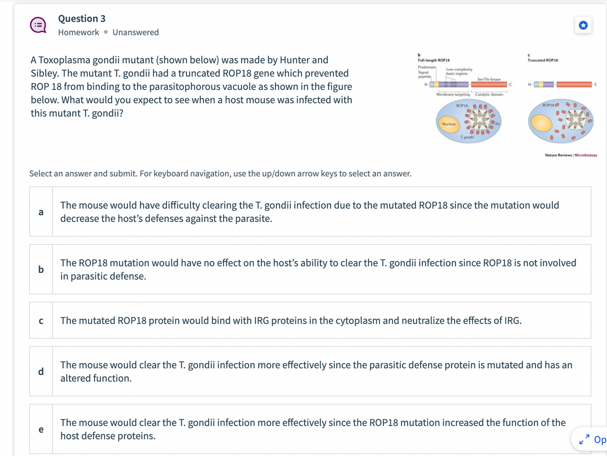 A Toxoplasma gondii mutant (shown below) was made by Hunter and
Sibley. The mutant T. gondii had a truncated ROP18 gene which prevented
ROP 18 from binding to the parasitophorous vacuole as shown in the figure
below. What would you expect to see when a host mouse was infected with
this mutant T. gondii?
Select an answer and submit. For keyboard navigation, use the up/down arrow keys to select an answer.
a
b
с
Question 3
Homework. Unanswered
d
e
b
Full-length ROP18
Prodomain,
Signal
peptide
N-
Low-complexity
basic regions
10
Membrane targeting Catalytic domain
ROP18 888
Nucleus
Ser/Thr kinase
87118
900
69
000
Ø
8888
T. gondii
C
C
Truncated ROP18
The mutated ROP18 protein would bind with IRG proteins in the cytoplasm and neutralize the effects of IRG.
N
ROP18
8
8
The mouse would have difficulty clearing the T. gondii infection due to the mutated ROP18 since the mutation would
decrease the host's defenses against the parasite.
88
The ROP18 mutation would have no effect on the host's ability to clear the T. gondii infection since ROP18 is not involved
in parasitic defense.
Nature Reviews | Microbiology
The mouse would clear the T. gondii infection more effectively since the parasitic defense protein is mutated and has an
altered function.
★
The mouse would clear the T. gondii infection more effectively since the ROP18 mutation increased the function of the
host defense proteins.
d
-C
ОР