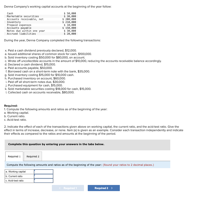 Denna Company's working capital accounts at the beginning of the year follow:
$ 50,000
$ 30,000
$ 200,000
Cash
Marketable securities
Accounts receivable, net
Inventory
Prepaid expenses
Accounts payable
Notes due within one year
Accrued liabilities
$ 210,000
$10,000
$ 150,000
$ 30,000
$ 20,000
During the year, Denna Company completed the following transactions:
x. Paid a cash dividend previously declared, $12,000.
a. Issued additional shares of common stock for cash, $100,000.
b. Sold inventory costing $50,000 for $80,000, on account.
c. Wrote off uncollectible accounts in the amount of $10,000, reducing the accounts receivable balance accordingly.
d. Declared a cash dividend, $15,000.
e. Paid accounts payable, $50,000.
f. Borrowed cash on a short-term note with the bank, $35,000.
g. Sold inventory costing $15,000 for $10,000 cash.
h. Purchased inventory on account, $60,000.
i. Paid off all short-term notes due, $30,000.
j. Purchased equipment for cash, $15,000.
k. Sold marketable securities costing $18,000 for cash, $15,000.
1. Collected cash on accounts receivable, $80,000.
Required:
1. Compute the following amounts and ratios as of the beginning of the year:
a. Working capital.
b. Current ratio.
c. Acid-test ratio.
2. Indicate the effect of each of the transactions given above on working capital, the current ratio, and the acid-test ratio. Give the
effect in terms of increase, decrease, or none. Item (x) is given as an example. Consider each transaction independently and indicate
their effects as compared to the ratios and amounts at the beginning of the period.
Complete this question by entering your answers in the tabs below.
Required 1 Required 2
Compute the following amounts and ratios as of the beginning of the year: (Round your ratios to 2 decimal places.)
a. Working capital
b. Current ratio
c. Acid-test ratio
< Required 1
Required 2 >