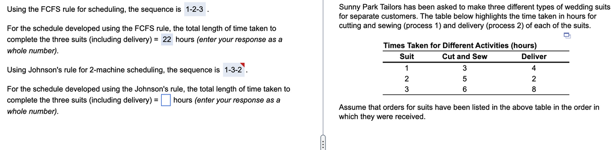 Using the FCFS rule for scheduling, the sequence is 1-2-3.
For the schedule developed using the FCFS rule, the total length of time taken to
complete the three suits (including delivery) = 22 hours (enter your response as a
whole number).
Using Johnson's rule for 2-machine scheduling, the sequence is 1-3-2.
For the schedule developed using the Johnson's rule, the total length of time taken to
complete the three suits (including delivery)= hours (enter your response as a
whole number).
▪▪▪
Sunny Park Tailors has been asked to make three different types of wedding suits
for separate customers. The table below highlights the time taken in hours for
cutting and sewing (process 1) and delivery (process 2) of each of the suits.
Times Taken for Different Activities (hours)
Cut and Sew
3
5
6
Suit
1
2
3
Deliver
4
2
8
Assume that orders for suits have been listed in the above table in the order in
which they were received.