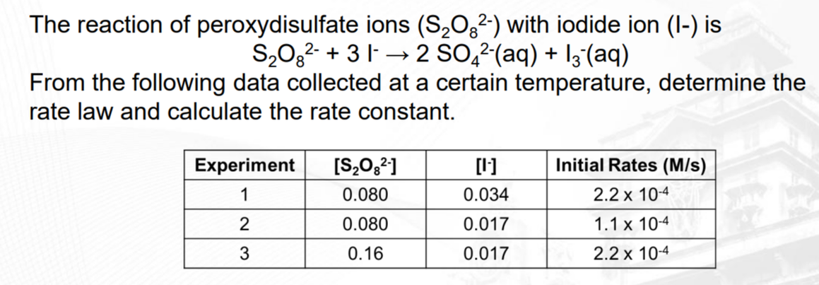 The reaction of peroxydisulfate ions (S₂O3²-) with iodide ion (1-) is
S₂O8² +312 SO4²-(aq) + 1¸¨¯(aq)
From the following data collected at a certain temperature, determine the
rate law and calculate the rate constant.
Experiment
[S₂O8²-]
[1]
Initial Rates (M/s)
1
0.080
0.034
2.2 x 10-4
2
0.080
0.017
1.1 x 10-4
3
0.16
0.017
2.2 x 10-4