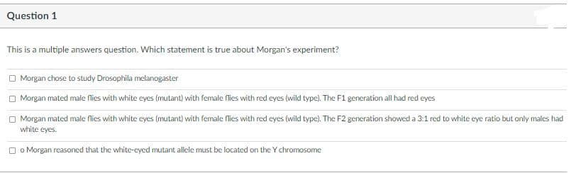 Question 1
This is a multiple answers question. Which statement is true about Morgan's experiment?
O Morgan chose to study Drosophila melanogaster
O Morgan mated male flies with white eyes (mutant) with female flies with red eyes (wild type). The F1 generation all had red eyes
Morgan mated male flies with white eyes (mutant) with female flies with red eyes (wild type). The F2 generation showed a 3:1 red to white eye ratio but only males had
white eyes.
O o Morgan reasoned that the white-eyed mutant allele must be located on the Y chromosome
