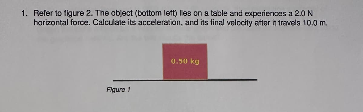 1. Refer to figure 2. The object (bottom left) lies on a table and experiences a 2.0 N
horizontal force. Calculate its acceleration, and its final velocity after it travels 10.0 m.
Figure 1
0.50 kg