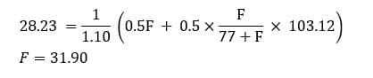 1
F
x
0.5F + 0.5 X 77 +F
103.12)
28.23
1.10
F = 31.90
