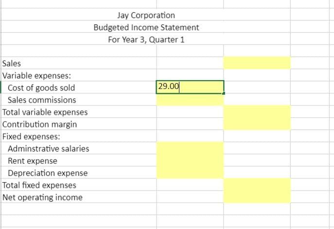 Sales
Variable expenses:
Cost of goods sold
Sales commissions
Total variable expenses
Contribution margin
Fixed expenses:
Adminstrative salaries
Rent expense
Depreciation expense
Total fixed expenses
Net operating income
Jay Corporation
Budgeted Income Statement
For Year 3, Quarter 1
29.00