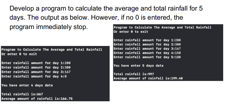 Develop a program to calculate the average and total rainfall for 5
days. The output as below. However, if no 0 is entered, the
program immediately stop.
Program to Calculate The Average and Total Rainfall
Or enter to exit
Enter rainfall amount for day 1:200
Enter rainfall amount for day 2:300
Enter rainfall amount for day 3:167
Enter rainfall amount for day 4:0
You have enter 4 days data
Total rainfall is:667
Average amount of rainfall is:166.75
Program to Calculate The Average and Total Rainfall
Or enter to exit
Enter rainfall amount for day 1:200
Enter rainfall amount for day 2:300
Enter rainfall amount for day 3:167
Enter rainfall amount for day 4:150
Enter rainfall amount for day 5:180
You have enter 5 days data
Total rainfall is:997
Average amount of rainfall is:199.40