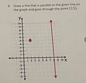 9. Draw a line that is parallel to the given line on
the graph and goes through the point (2,5).
У+
-10-
80765
6+
4
3
2
1
-2
-3
in tw
-5
2 3 4 5 6 7 9 10 X