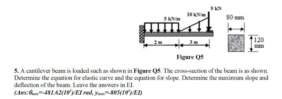 5 kN
10 kN/m
5 kN/m
80 mm
120
2 m
3 m
mm
Figure Q5
5. A cantilever beam is loaded such as shown in Figure Q5. The cross-section of the beam is as shown.
Determine the equation for elastic curve and the equation for slope. Determine the maximum slope and
deflection of the beam. Leave the answers in EI.
(Ans: Omax=-481.62(10')/EI rad, ymax-805(10')/EI)
