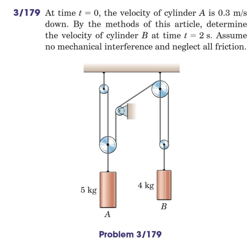 3/179 At time t = 0, the velocity of cylinder A is 0.3 m/s
down. By the methods of this article, determine
the velocity of cylinder B at time t =
no mechanical interference and neglect all friction.
2 s. Assume
4 kg
5 kg
В
A
Problem 3/179
