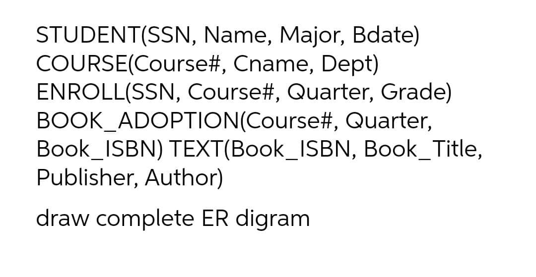 STUDENT(SSN, Name, Major, Bdate)
COURSE(Course#, Cname, Dept)
ENROLL(SSN, Course#, Quarter, Grade)
BOOK_ADOPTION(Course#, Quarter,
Book_ISBN) TEXT(Book_ISBN, Book_Title,
Publisher, Author)
draw complete ER digram
