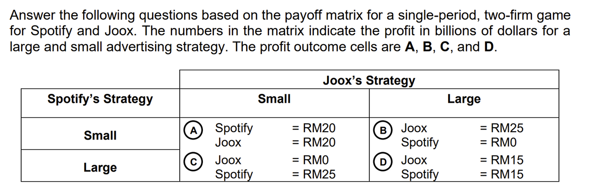 Answer the following questions based on the payoff matrix for a single-period, two-firm game
for Spotify and Joox. The numbers in the matrix indicate the profit in billions of dollars for a
large and small advertising strategy. The profit outcome cells are A, B, C, and D.
Joox's Strategy
Spotify's Strategy
Small
Large
A
Spotify
Joox
Joox
Spotify
Small
RM20
RM20
=
= RMO
= RM25
B
D
Joox
Spotify
Joox
Spotify
Large
= RM25
RMO
=
RM15
= RM15
-